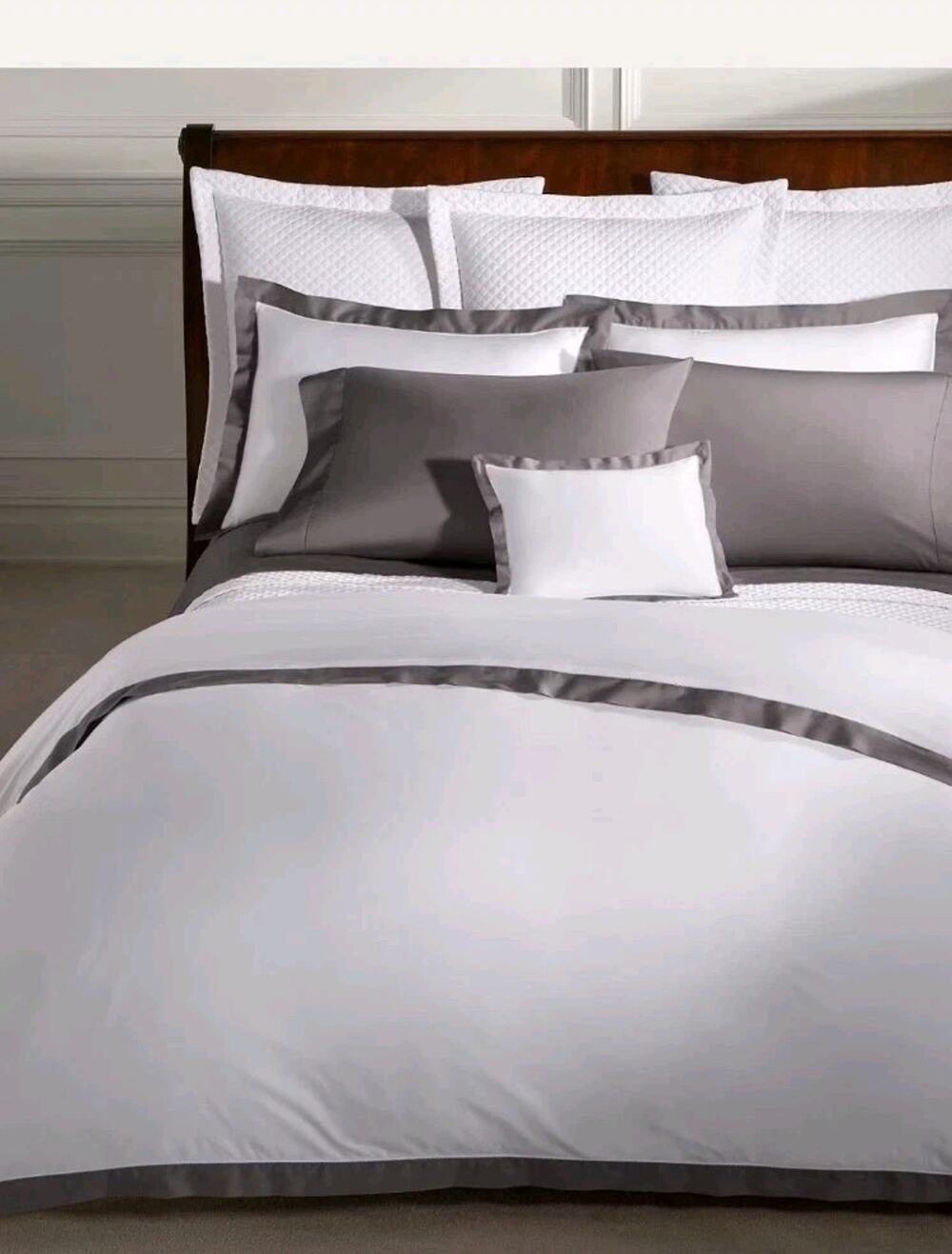 Ralph Lauren Cotton Sateen Graphite Trim Langdon King Duvet Sham Sheet Set White
